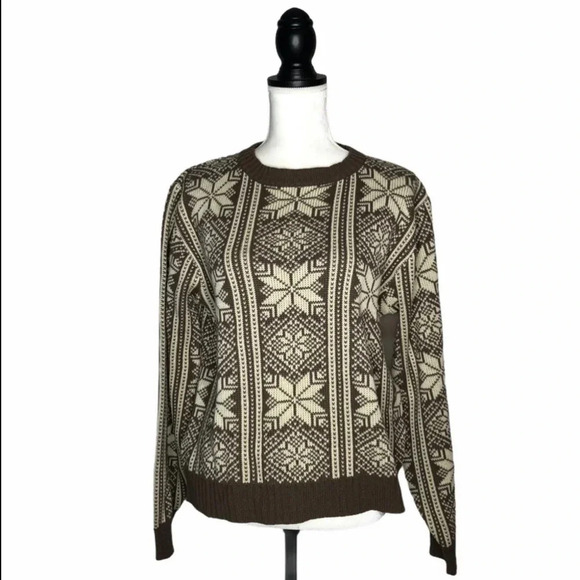 Vintage 1980s Steep Slopes Brown Cream Nordic Snowflake Ski Lodge Sweater - Picture 9 of 9